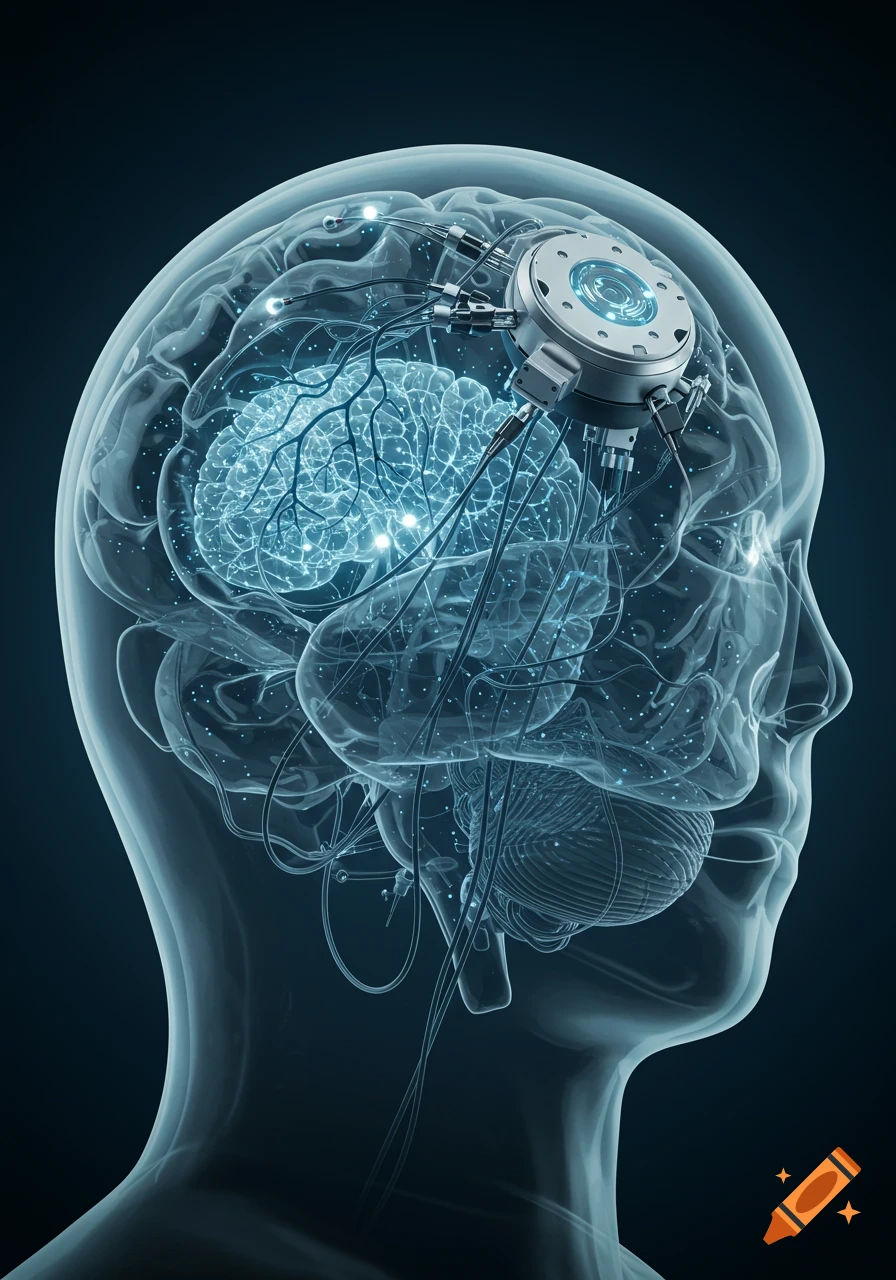 Transparent profile of a human head with a glowing brain and an intricate brain stimulator implant.