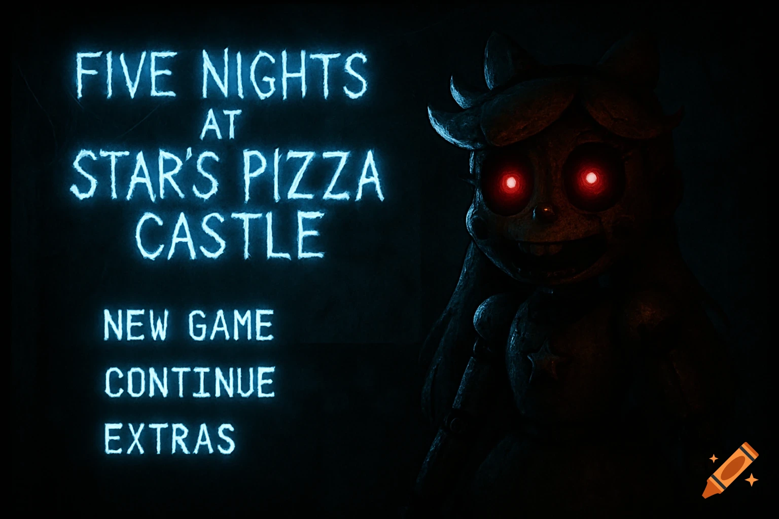 A dark horror video game menu screen with glowing blue text 'Five Nights at Star's Pizza Castle' and an animatronic Star Butterfly with red eyes.