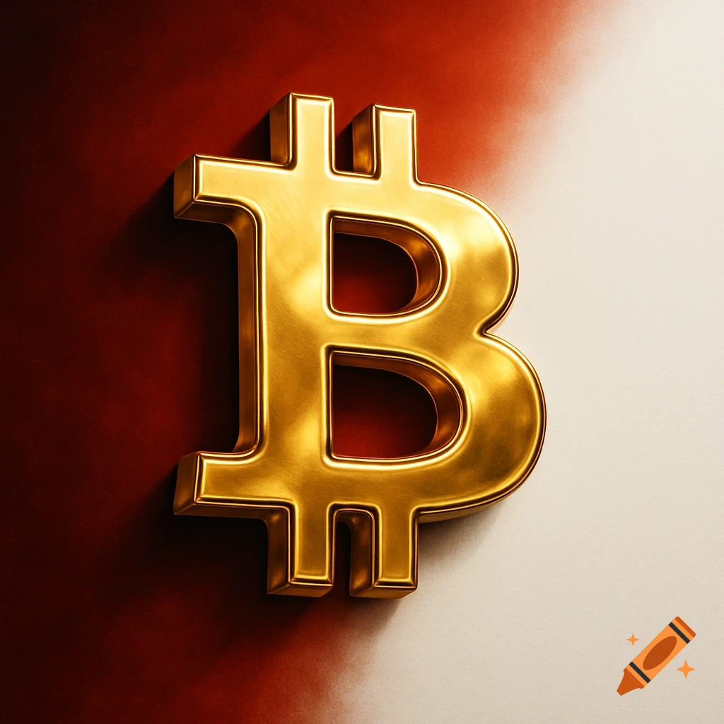 Gold Bitcoin logo against a red and white background, photorealistic style.