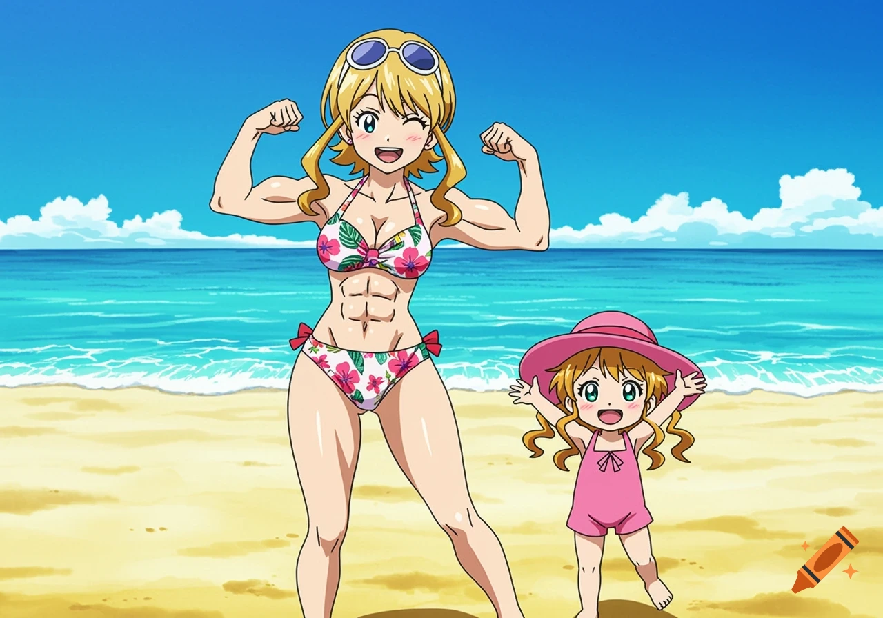 Anime woman in a floral bikini flexing muscles next to a smiling girl in a pink swimsuit on a sunny beach.