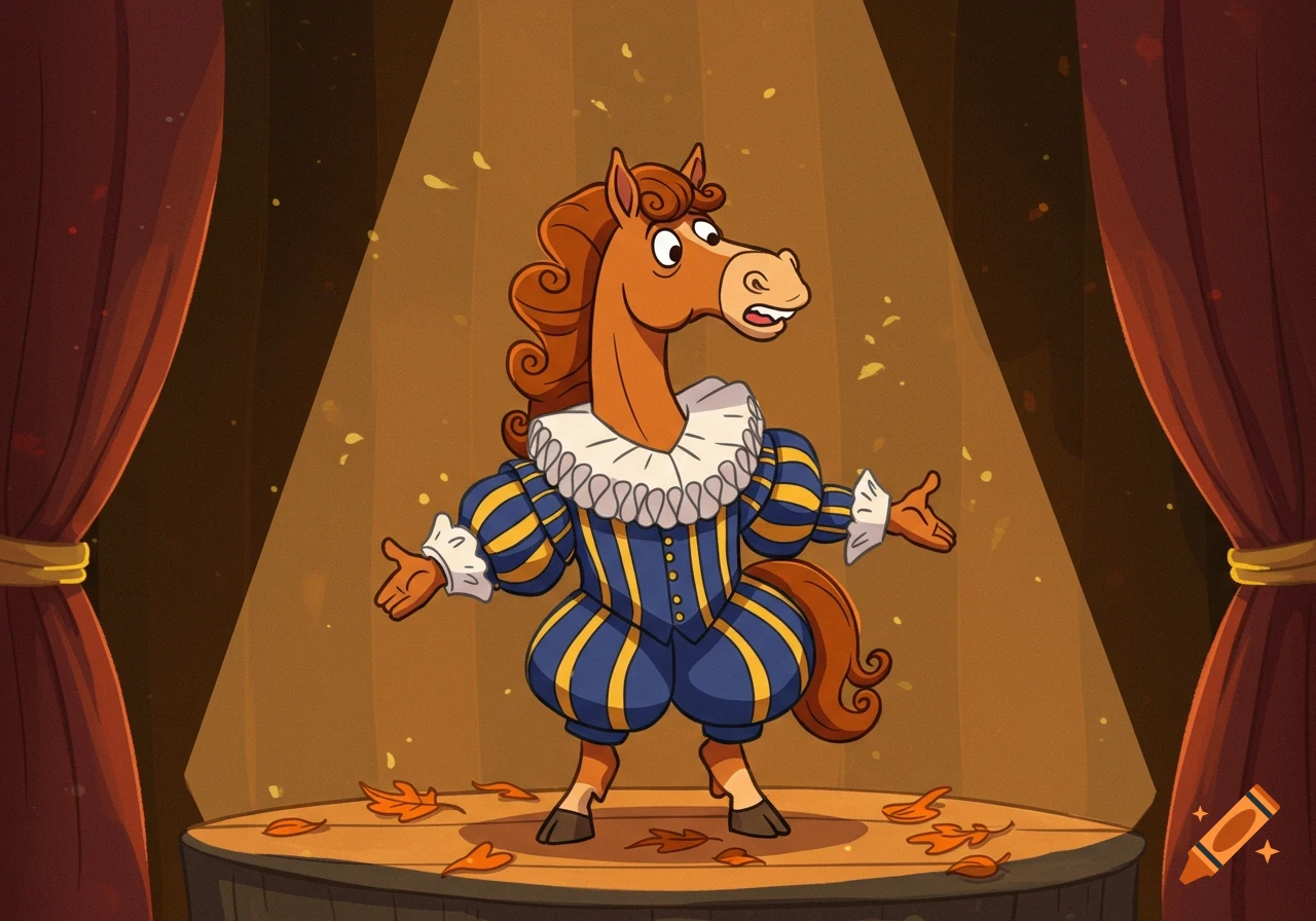 A cartoon horse dressed in a blue and yellow Shakespearean costume stands on a stage with red curtains, illuminated by a spotlight.