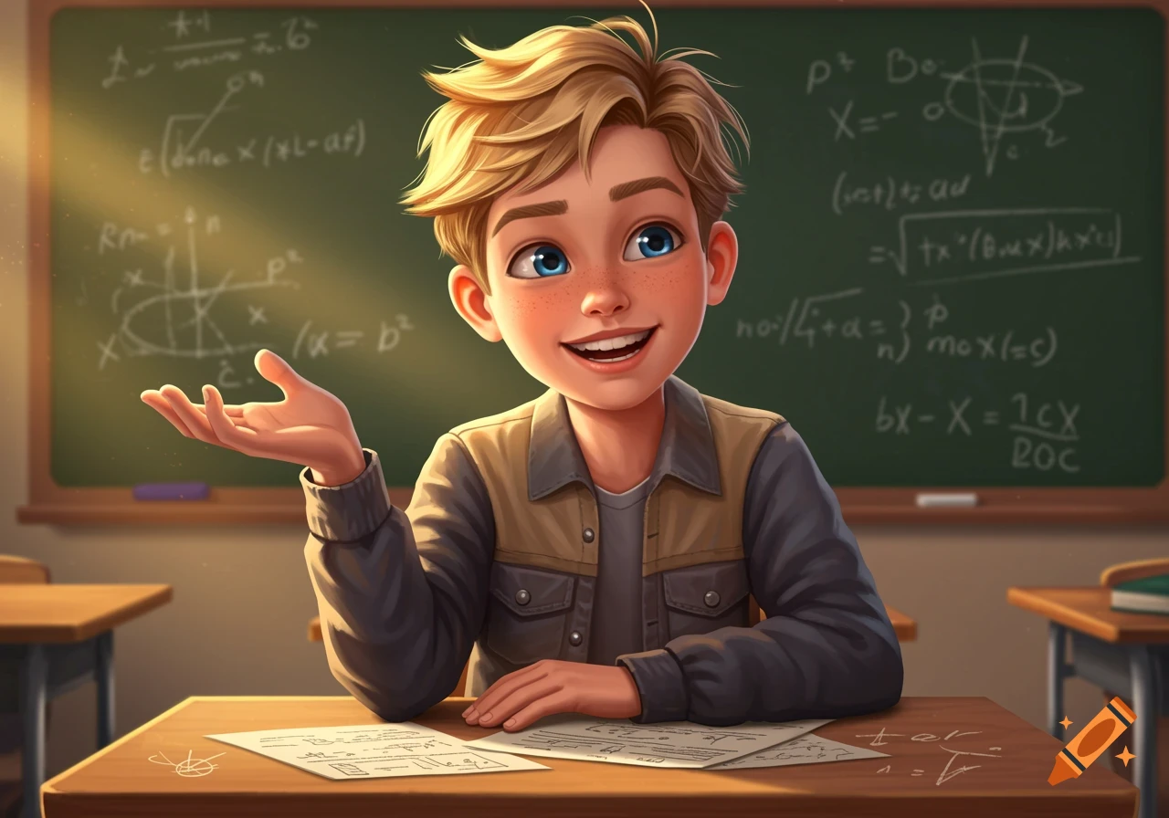 A smiling, cartoonish blond boy with freckles sits at a school desk, gesturing, with a blackboard of equations behind him.