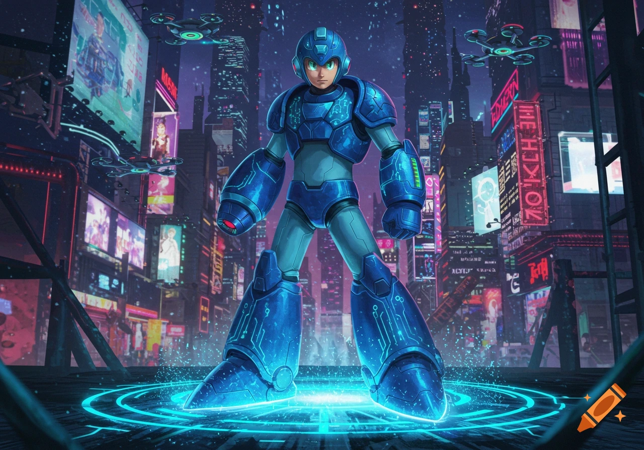 Mega Man in a neon-lit cyberpunk city at night, standing on a glowing platform with drones flying overhead.