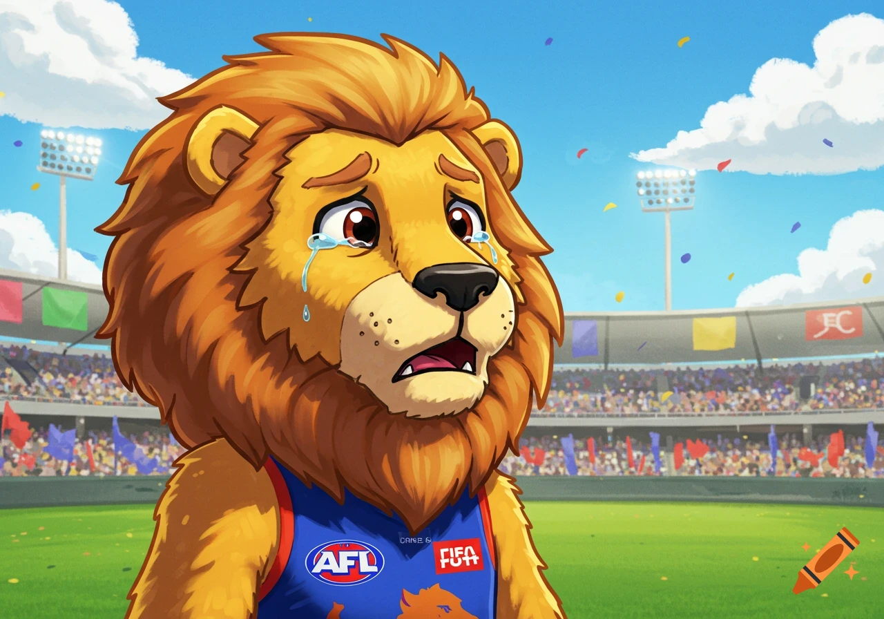 A crying cartoon lion mascot in a blue sports jersey with 'AFL' and 'FIFA' logos, standing in a stadium.