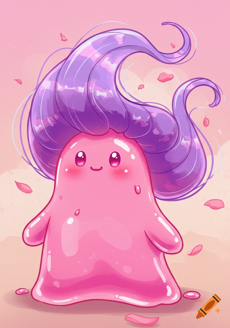 Cute anime-style pink blob with long shiny purple hair flowing in the wind, surrounded by pink petals.