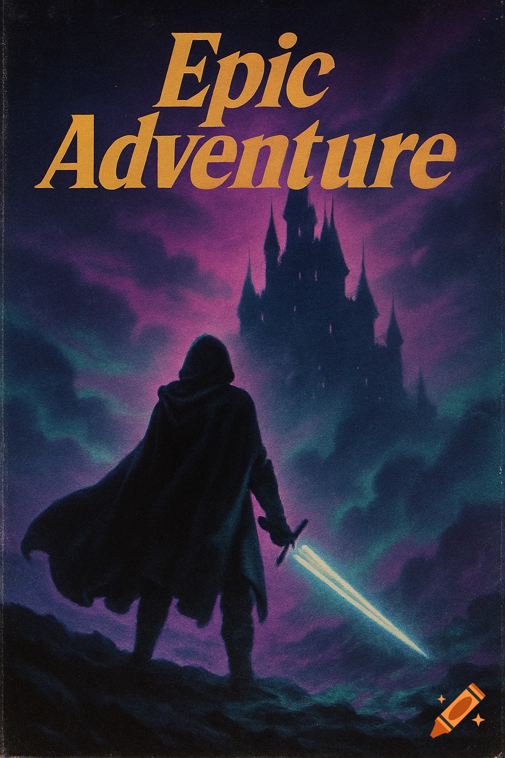 A cloaked hero with a glowing sword stands before a dark castle under a purple and teal sky. Text reads 'Epic Adventure'.