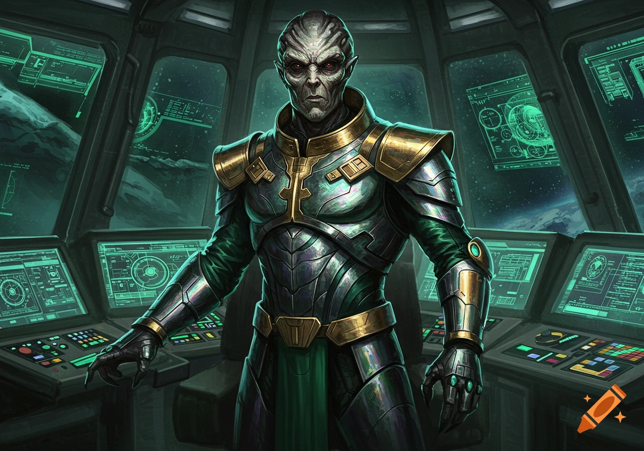 An intimidating alien emperor in metallic green and gold armor stands on a spaceship bridge with glowing screens.