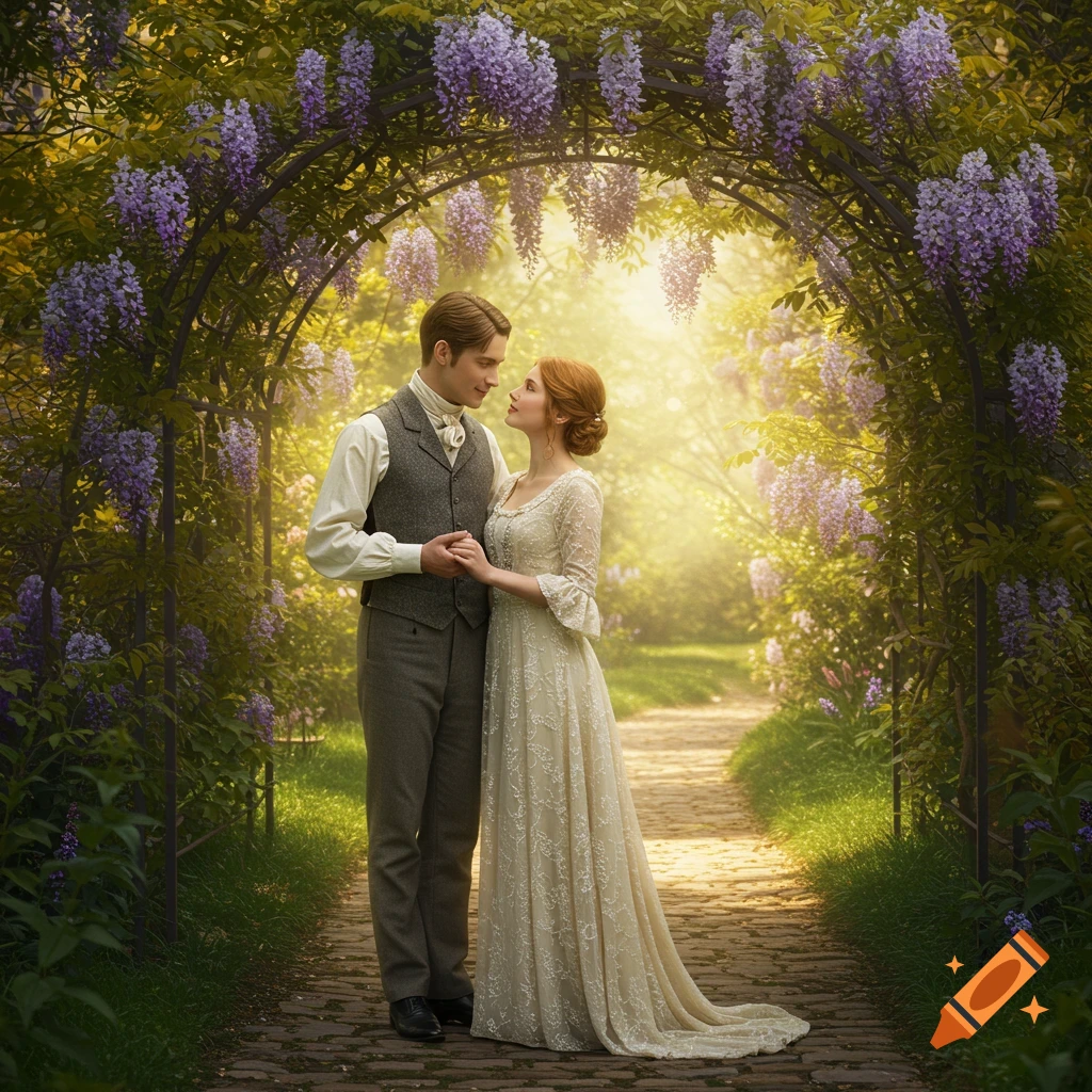 A dreamy image of a 19th-century couple holding hands under a purple wisteria arch in a sunlit garden.