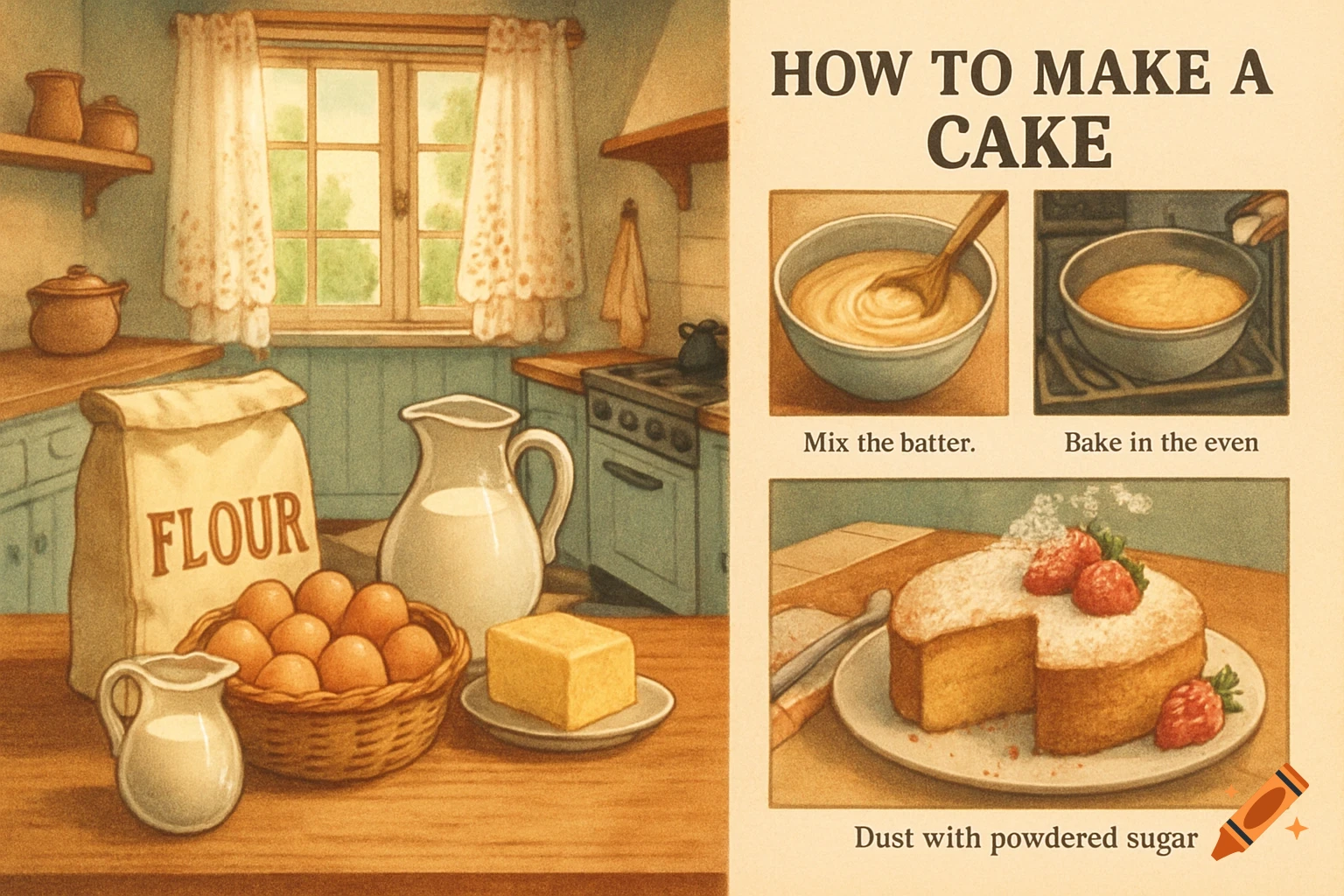 Vintage illustration of a cake baking tutorial with ingredients, steps, and a finished cake.