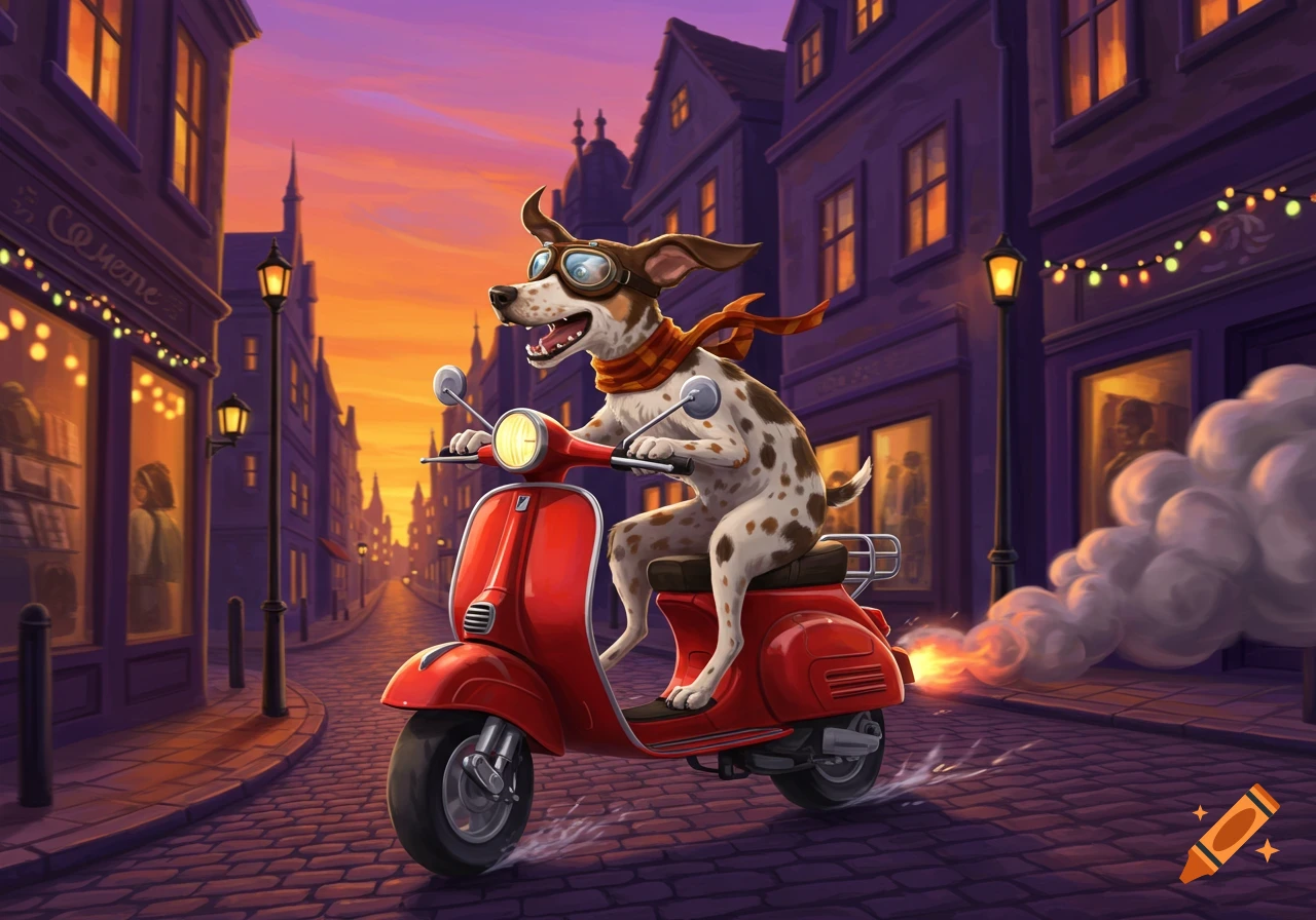 A cartoon dog with goggles and a scarf joyfully rides a red scooter down a cobblestone street at sunset, with smoke trailing behind.