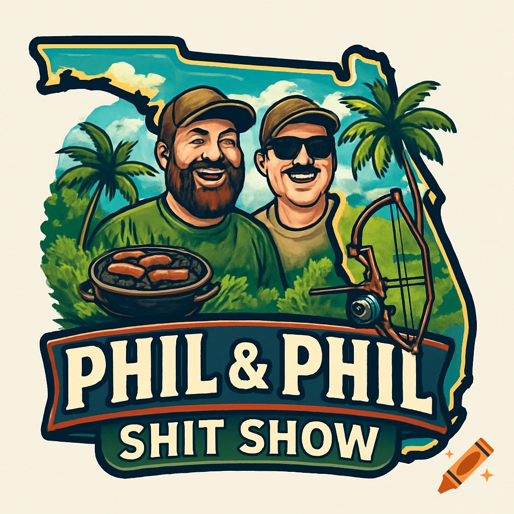 A cartoon logo of two men smiling, with a barbecue and a bow, against a Florida state outline. Text reads 'PHIL & PHIL SHIT SHOW'.