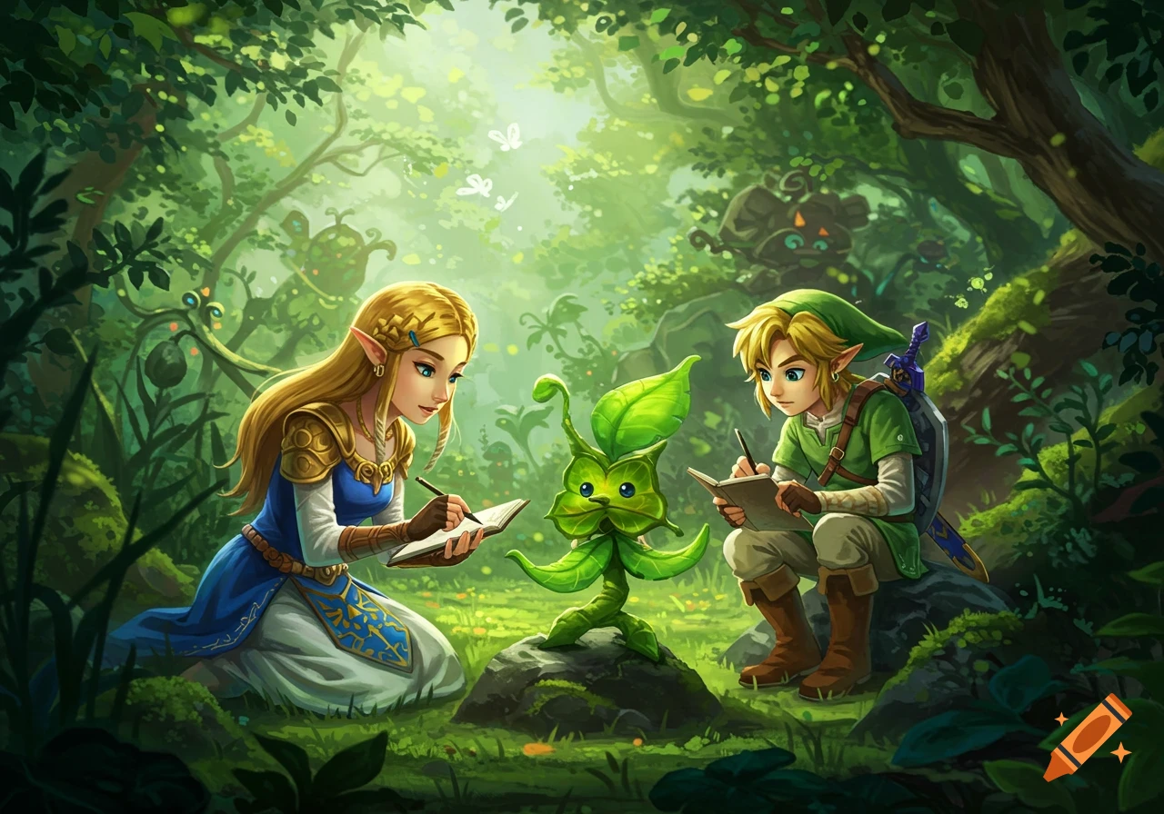 Link and Zelda observe and write about a Korok plant in a vibrant, lush forest.