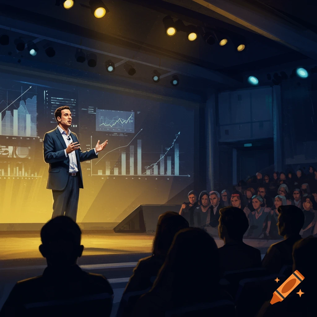Illustration of a speaker presenting data on stage to an audience in a dark auditorium.