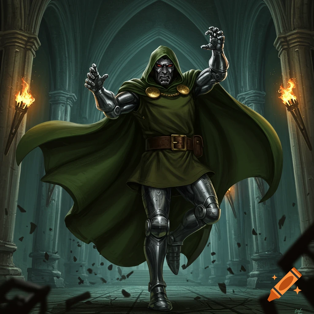 Doctor Doom stands in a crumbling gothic hall, arms raised, wearing a green cape and metallic armor, torches illuminate the background.