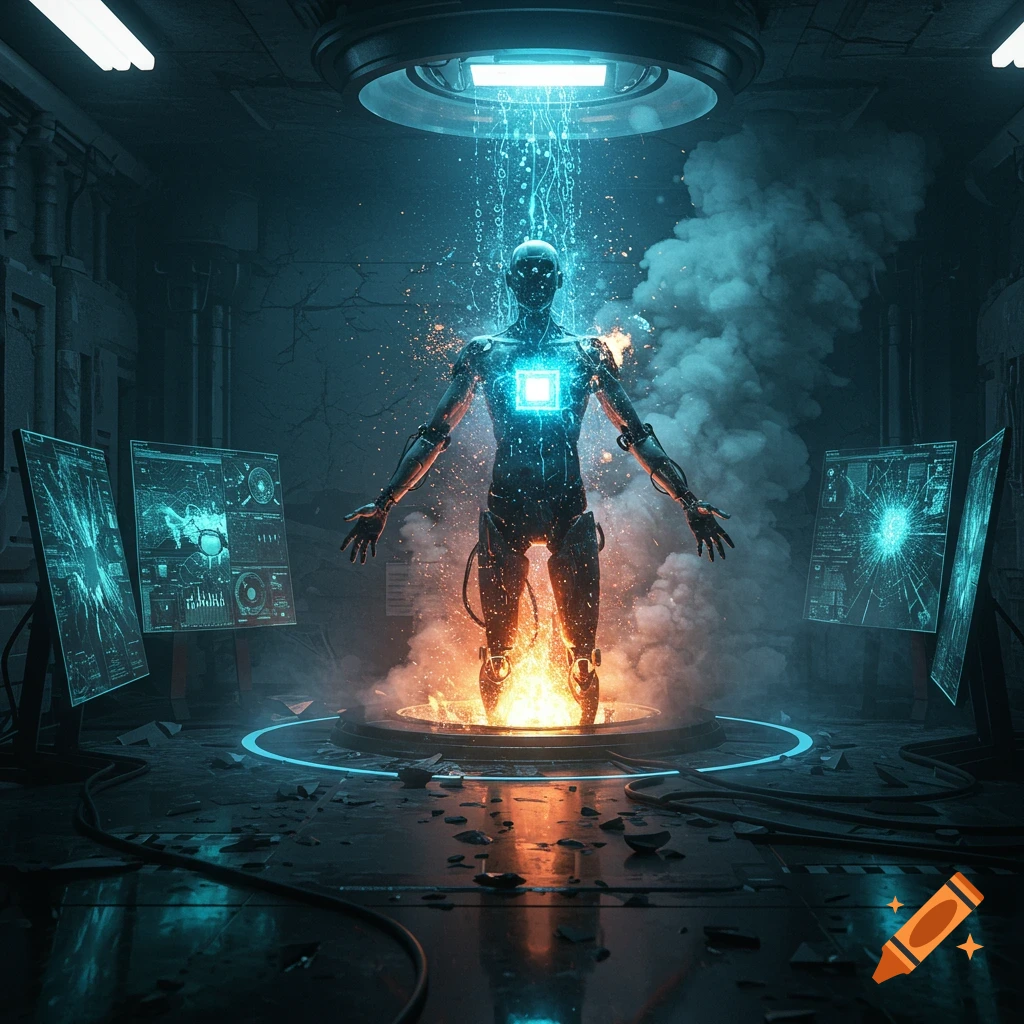 A glowing, futuristic robot stands in a dark, high-tech lab, surrounded by blue energy, fire, and smoke.