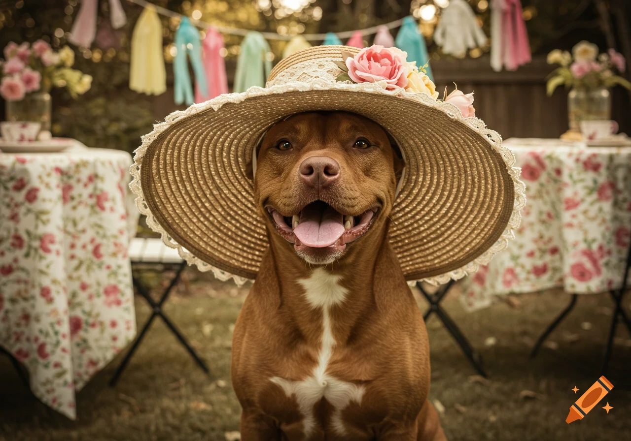 A happy red nose pitbull wears a floral straw hat at an outdoor garden party.
