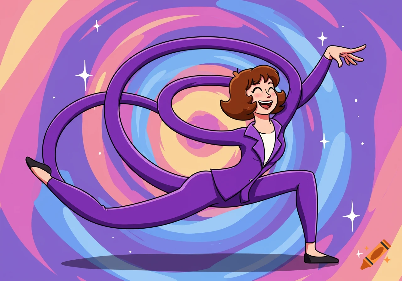 A cartoon woman in a purple suit stretches her elastic body, smiling, against a colorful, swirling abstract background.