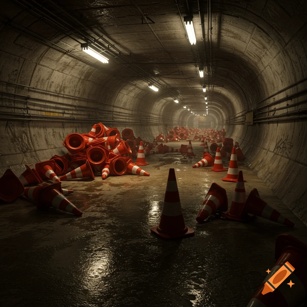 A dark, wet underground tunnel filled with piles of orange and white traffic cones, rendered realistically.