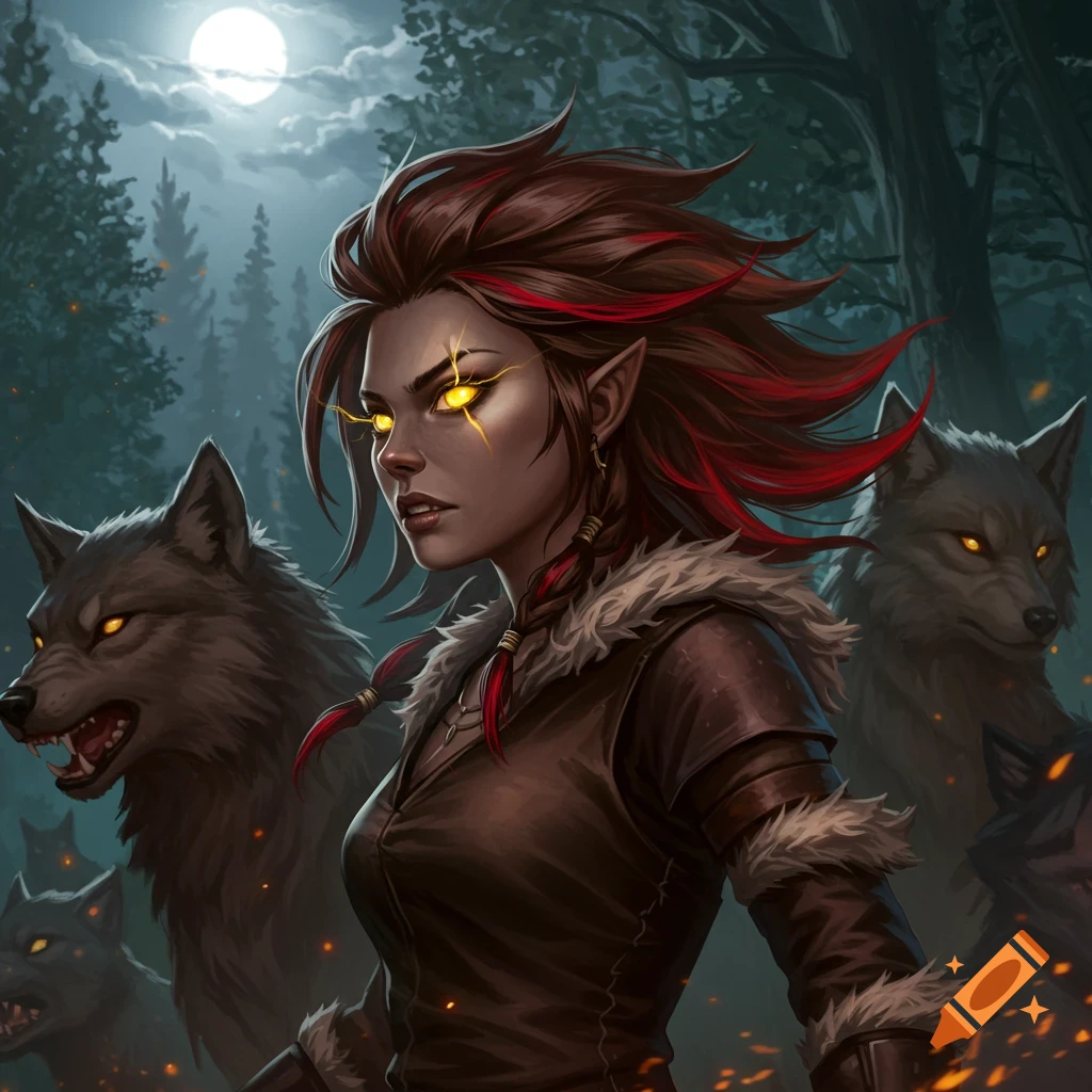 Fantasy art of an elf-like woman with glowing yellow eyes and red-tipped hair, in furs, with glowing-eyed wolves in a dark forest under a full moon.