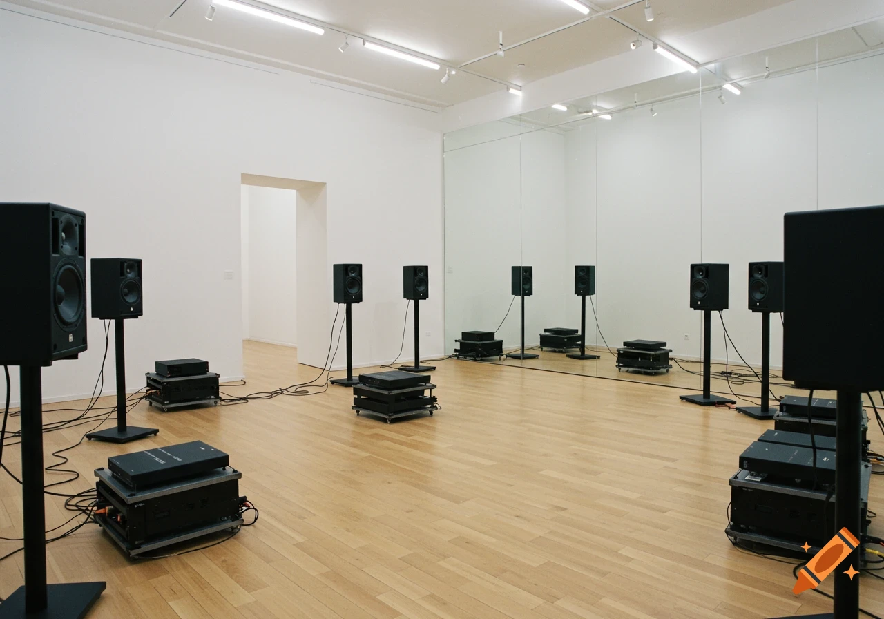 An art gallery room with white walls and a light wood floor, featuring a symmetrical arrangement of black speakers and audio equipment, reflected in a large mirror.