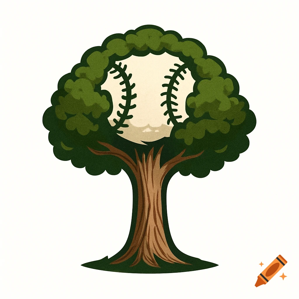 A stylized illustration of a tree with its canopy shaped like a baseball.