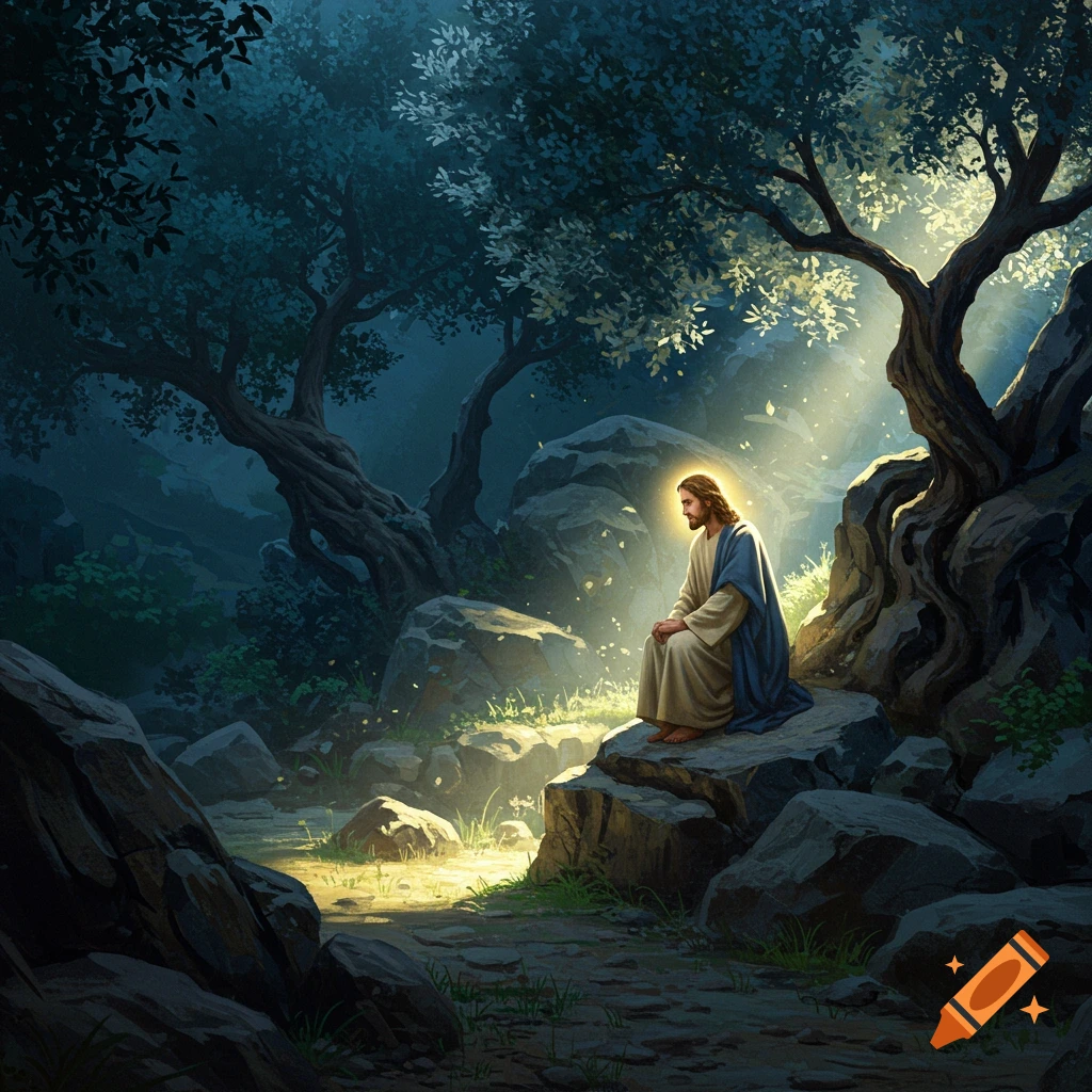 Jesus sits and prays on a rock in a dark, illuminated garden, bathed in divine light. Serene biblical scene.