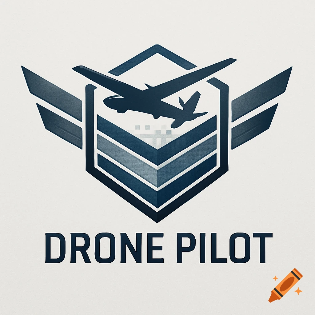 Military-style drone pilot logo featuring an airplane silhouette within a hexagonal emblem with stripes and text 'DRONE PILOT'.