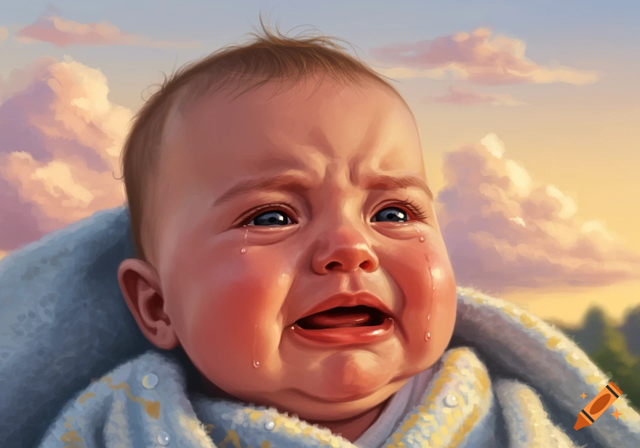 A close-up, highly detailed illustration of a crying baby wrapped in a blue blanket, with tears streaming down its face, against a soft sky background.