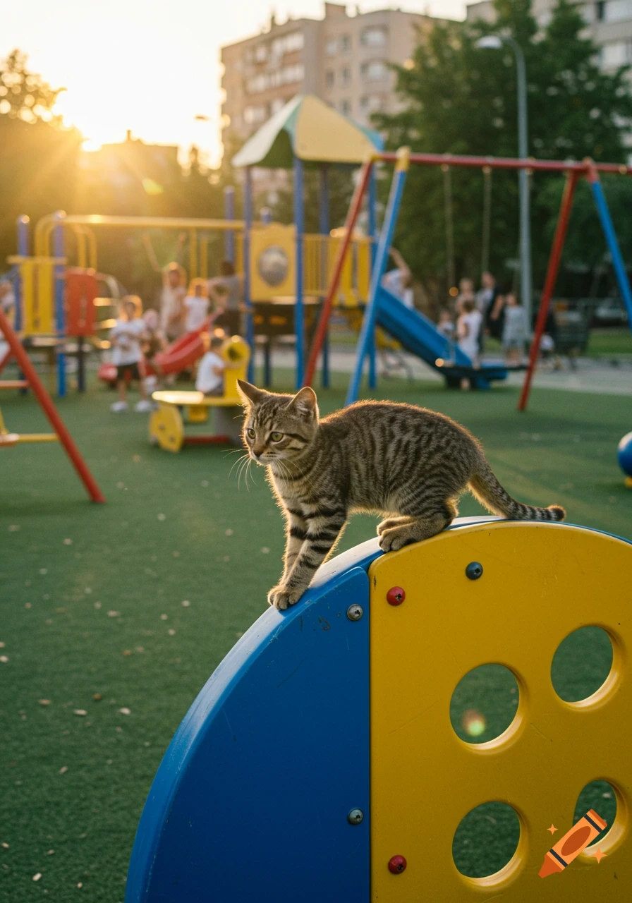 A tabby kitten walks on a blue and yellow playground structure during sunset, with children playing in the blurry background.