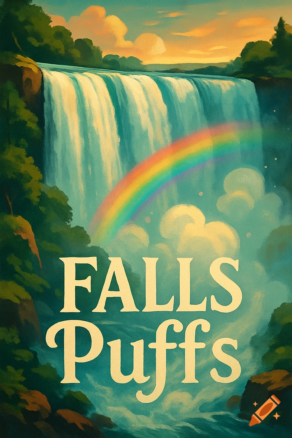 Illustrated poster of a grand waterfall with a rainbow, set against a vibrant sky, with 'FALLS Puffs' text.