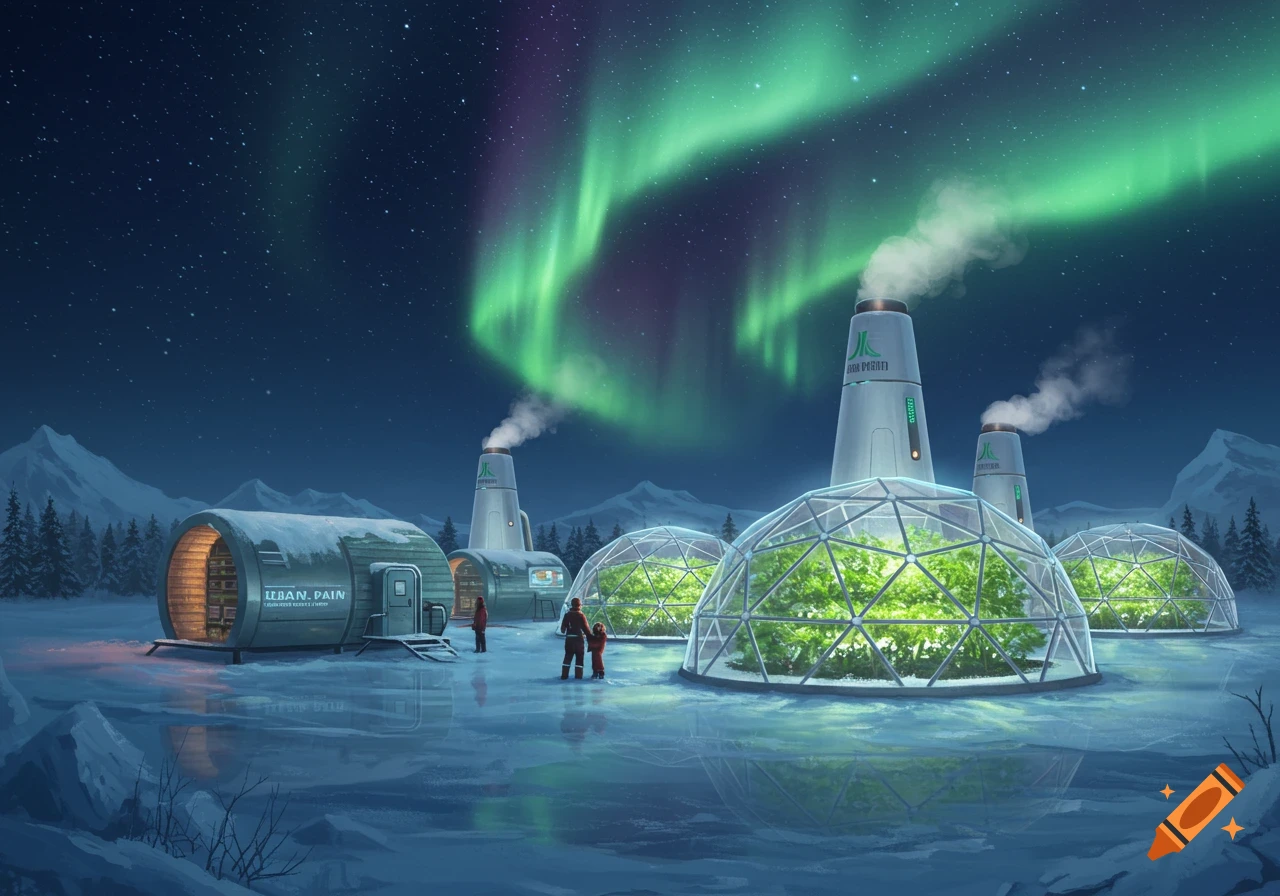 An Arctic eco-farm under a vibrant aurora borealis, featuring futuristic cylindrical buildings, tall smoking towers, and geodesic domes growing plants in the snow.
