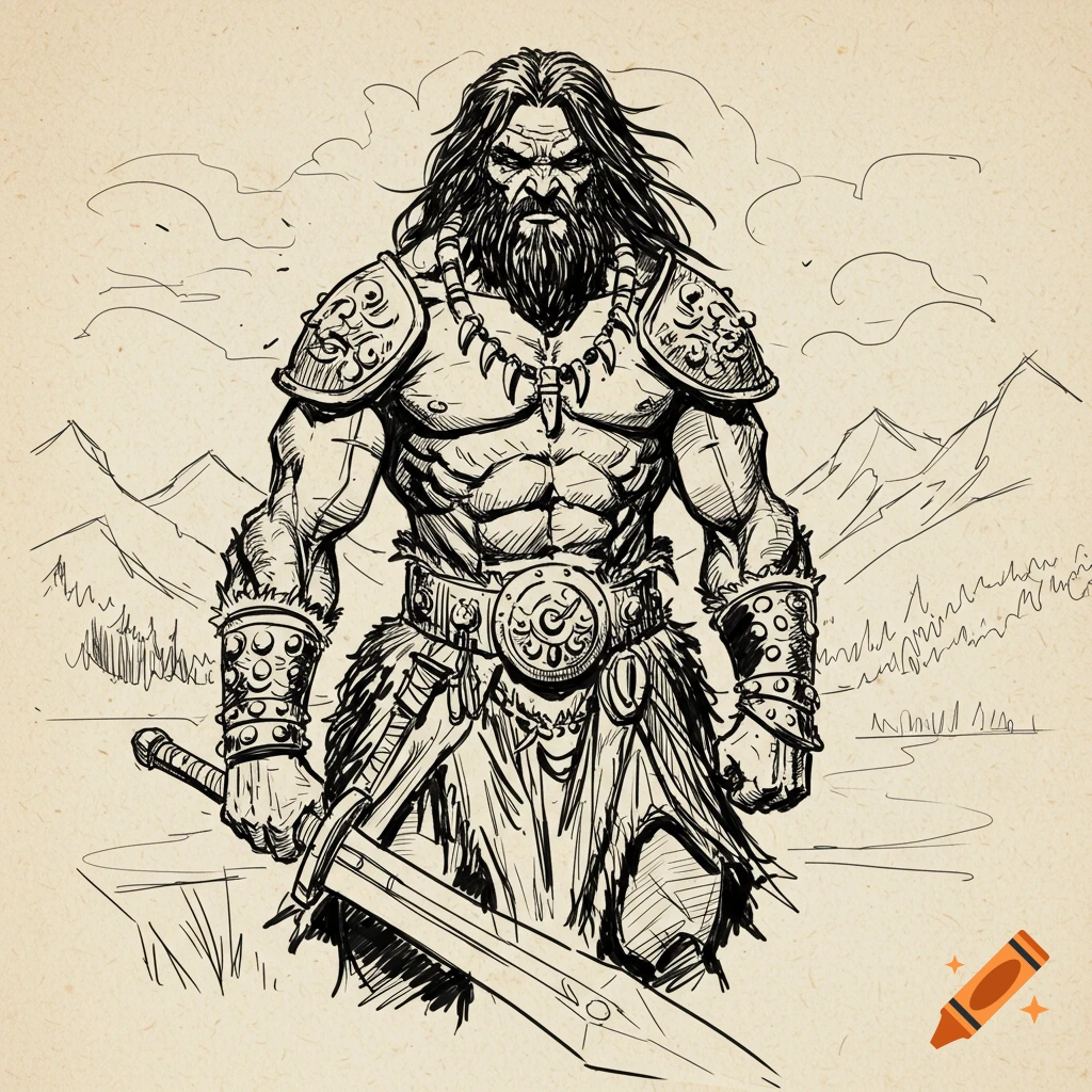 Sketch of a muscular barbarian warrior with long hair and beard, wearing armor and holding a sword, against a mountain landscape.
