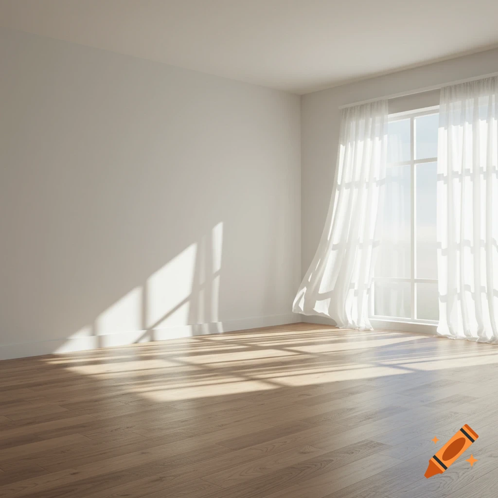 A sunlit empty room with white walls, a wooden floor, and sheer white curtains blowing gently in front of a window.