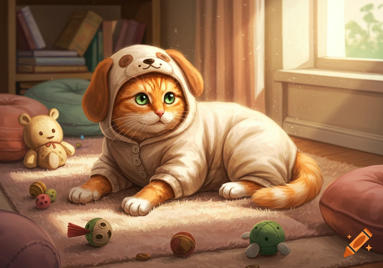 An orange tabby cat with bright green eyes lies on a fluffy rug, wearing a cream-colored dog onesie, surrounded by toys in a sunny room.