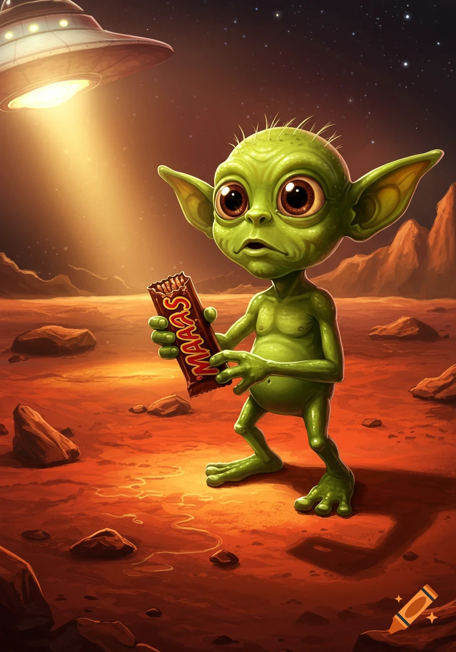 A cute green alien goblin with big eyes holds a candy bar on a red alien planet under a UFO's light beam.