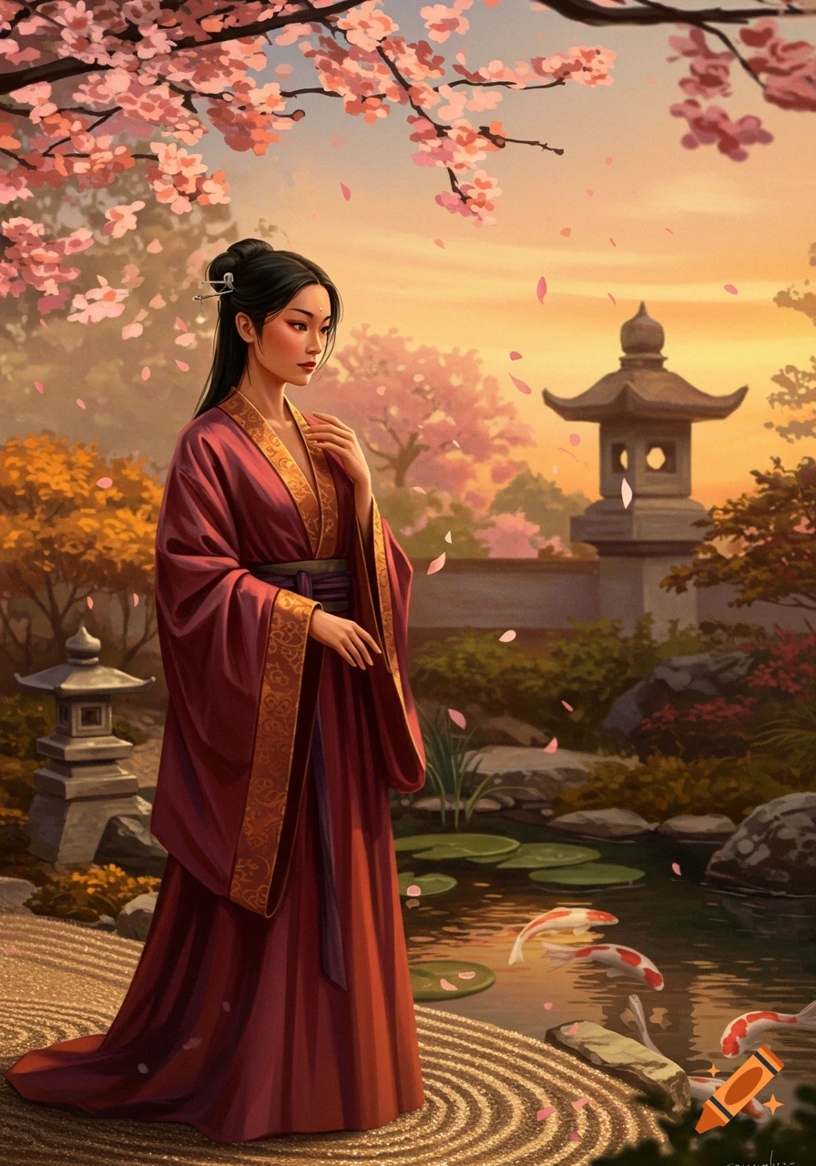 An Asian woman in a red kimono stands in a vibrant Japanese garden with cherry blossoms, a pond with koi fish.