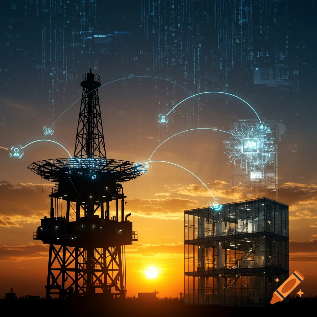 Oil rig and modern building connected by glowing digital lines, data, and an AI chip, silhouetted against a sunset.