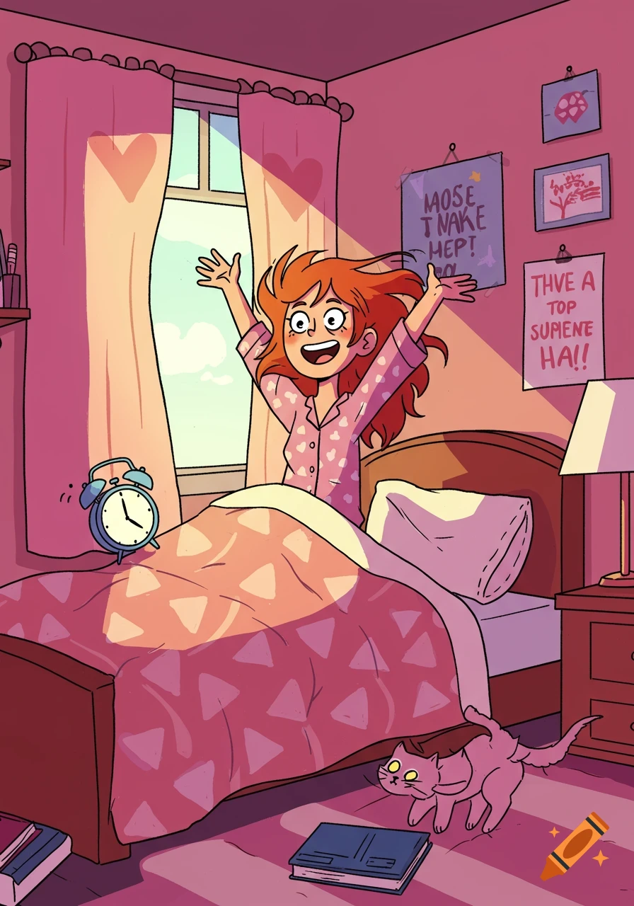 A cartoon girl with red hair wakes up in her pink bedroom, stretching her arms, with a pink cat on the floor near the bed.