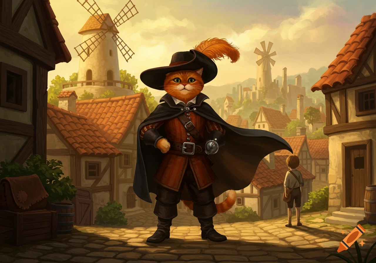 An anthropomorphic orange cat, Puss in Boots style, stands in a rustic village with windmills. A boy is in the background.