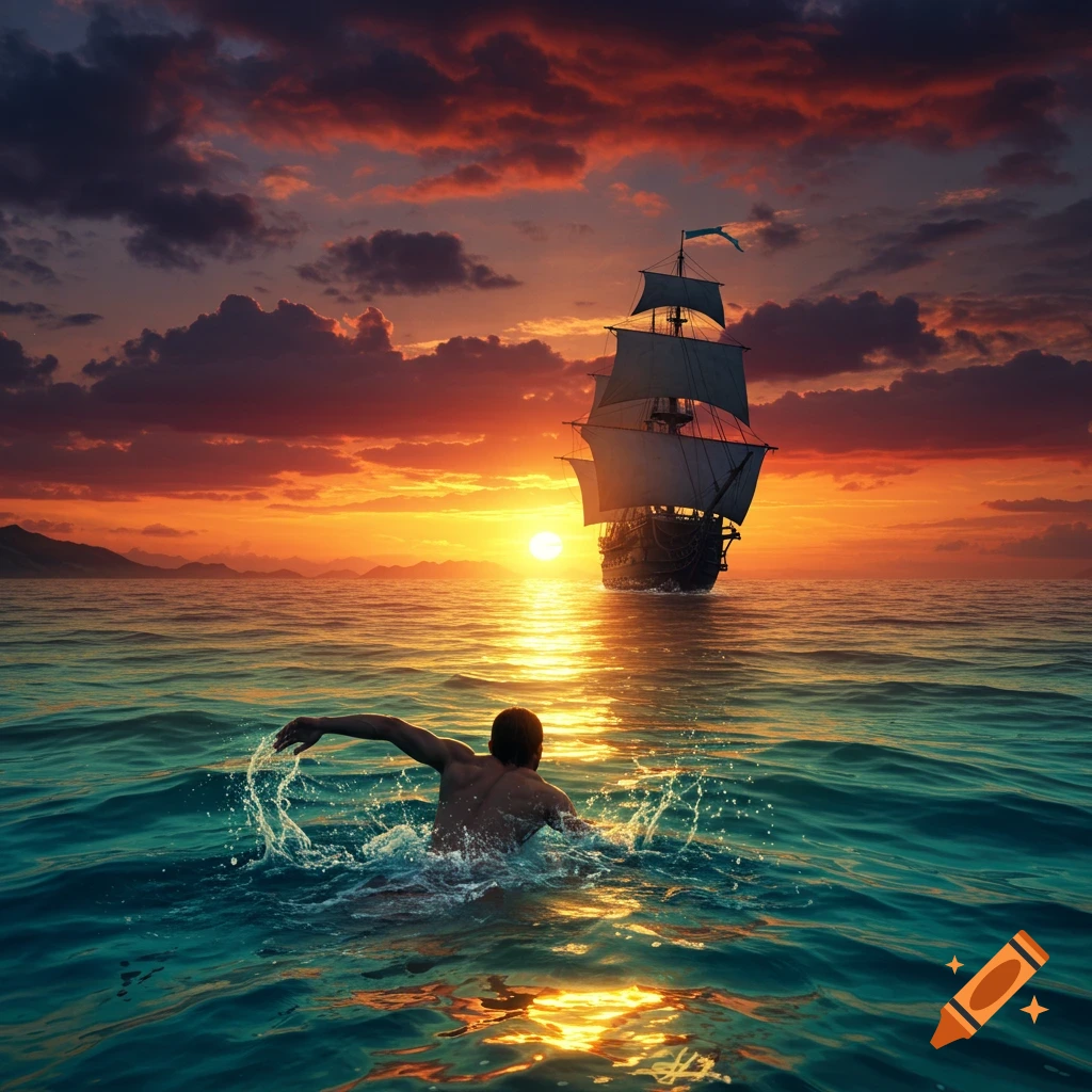 A man swims in the vibrant blue sea towards a tall ship under a dramatic orange and purple sunset.