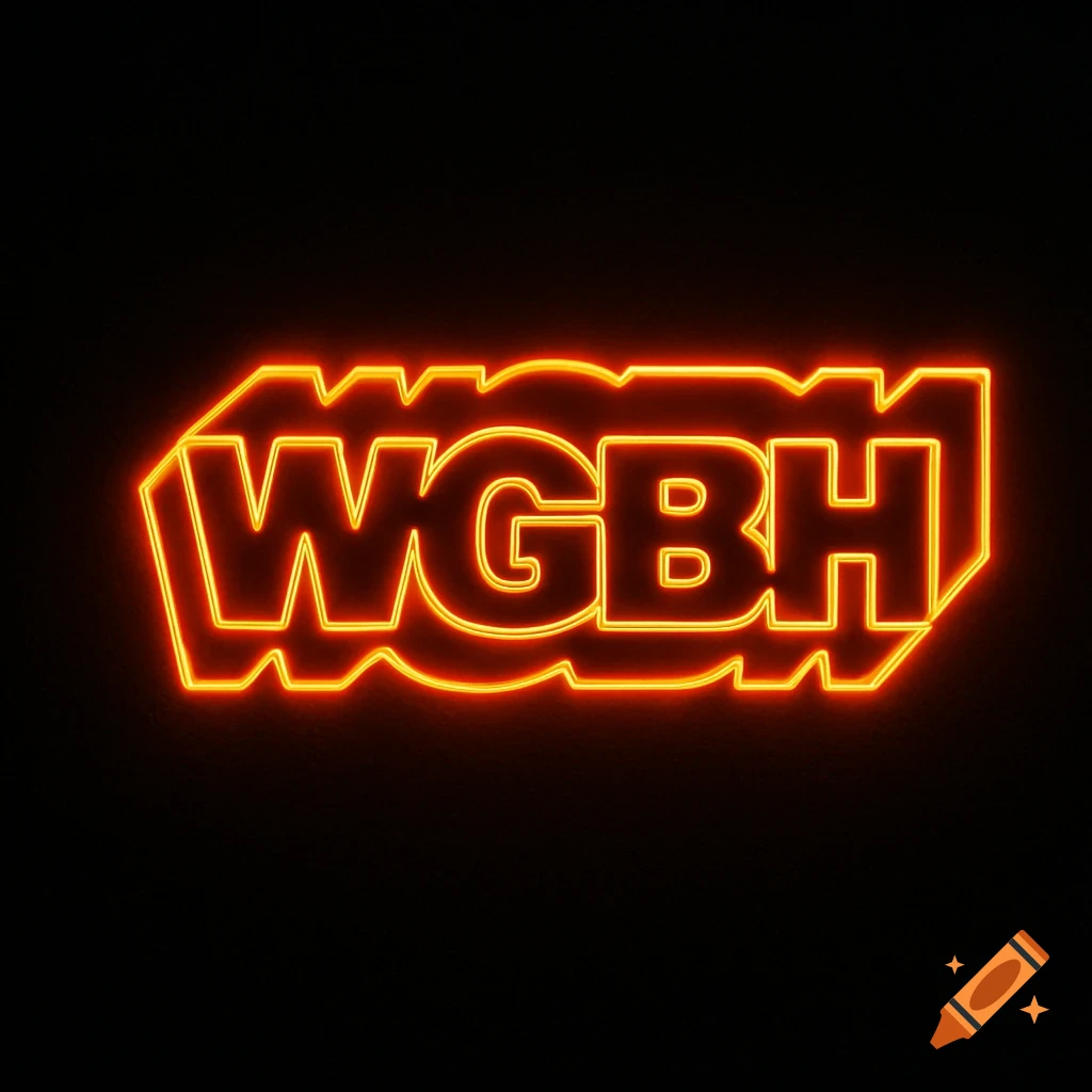 A bright orange neon sign displaying the text "WGBH" on a black background.