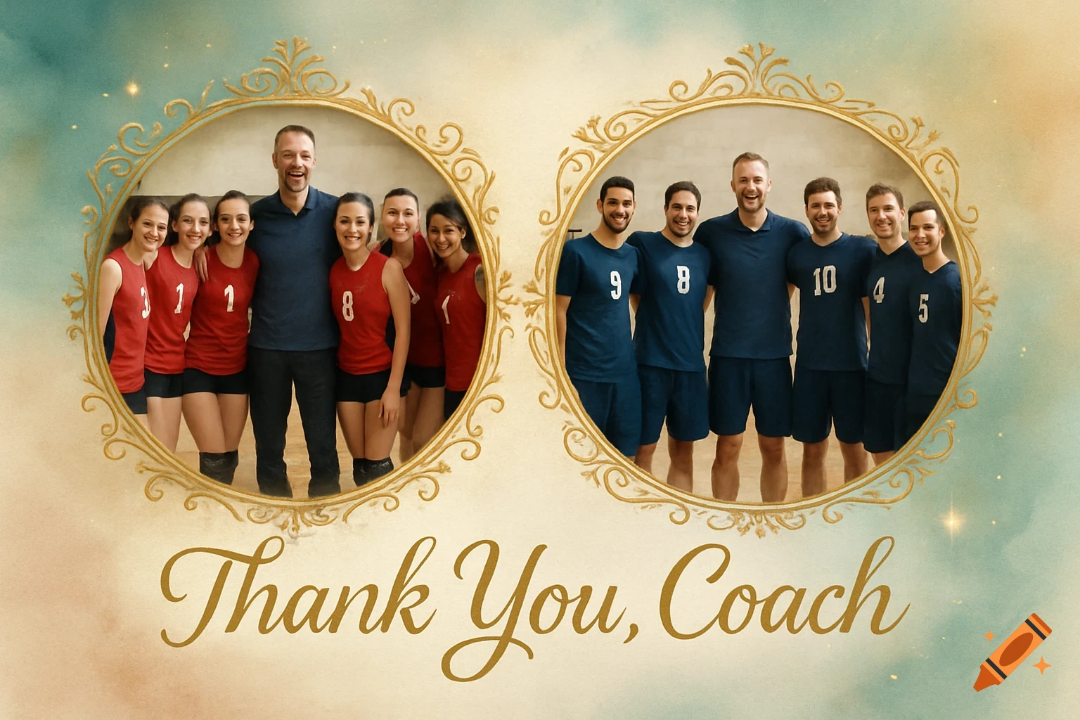 A thank you card design featuring two oval portraits of a male volleyball coach with his women's team in red jerseys and his men's team in blue jerseys, with the text 'Thank You, Coach' below.