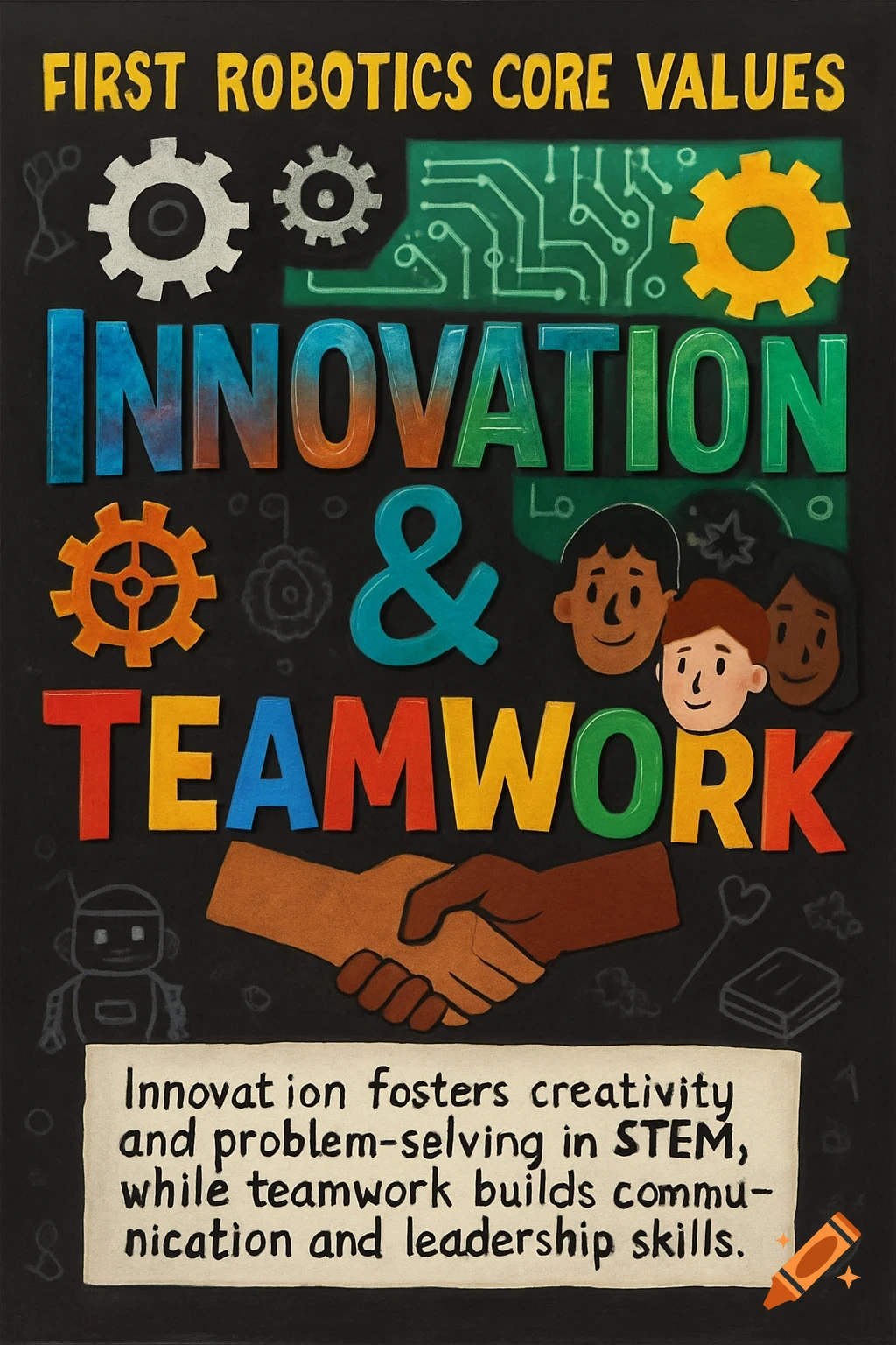 A colorful, hand-drawn style educational poster for FIRST Robotics, highlighting "INNOVATION & TEAMWORK" with gears, circuits, diverse faces, and a handshake.