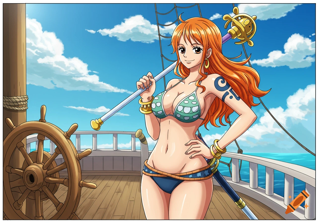 Anime character Nami in a green and blue bikini stands on a ship deck with a staff, under a clear blue sky.