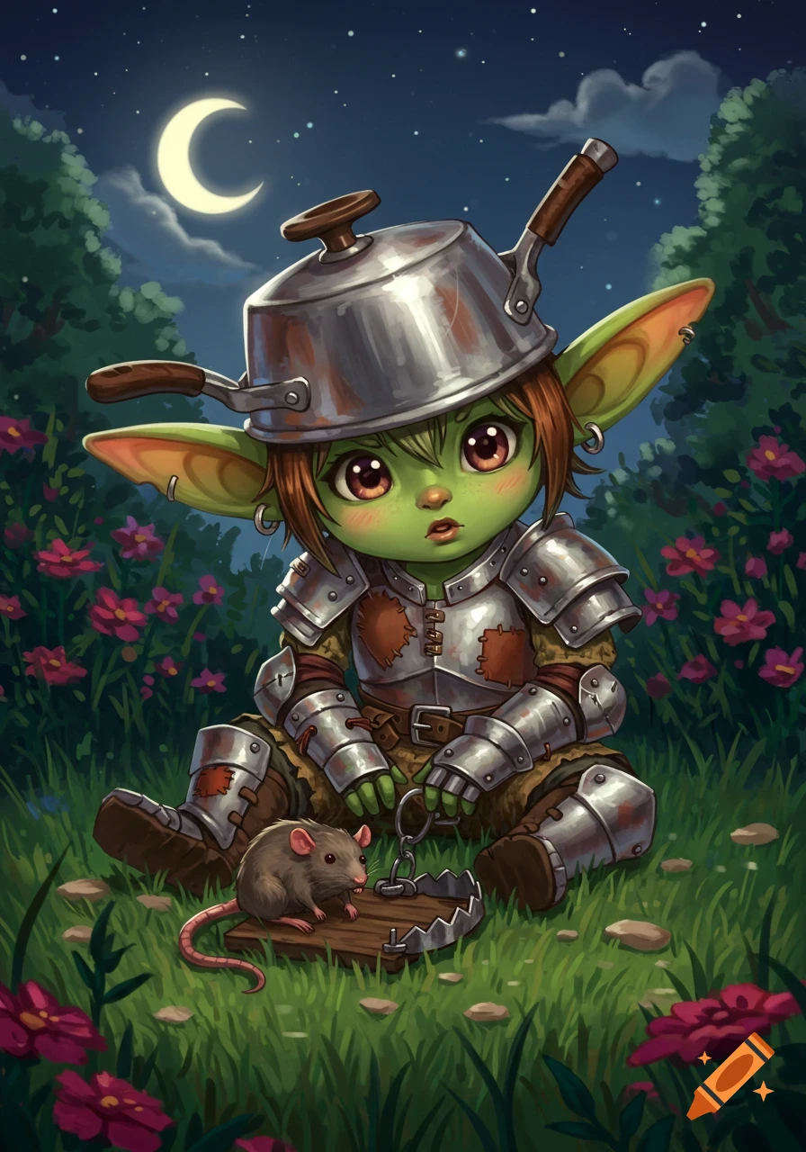 A cute green goblin wearing a saucepan helmet and scrap metal armor sits in a moonlit garden, holding a rat near a trap.