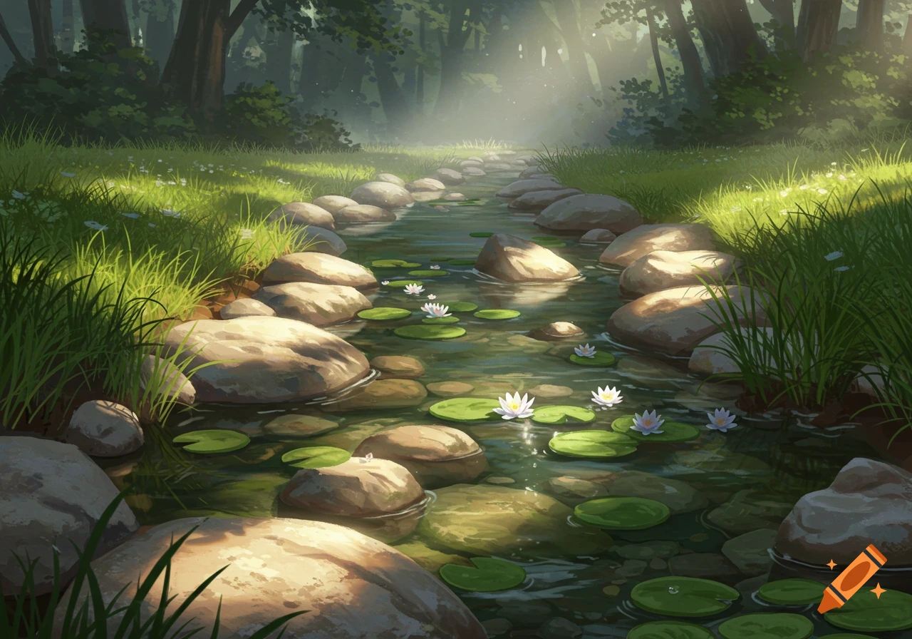 Stylized digital painting of a rocky stream with white water lilies and green lily pads flowing through a sunlit forest.