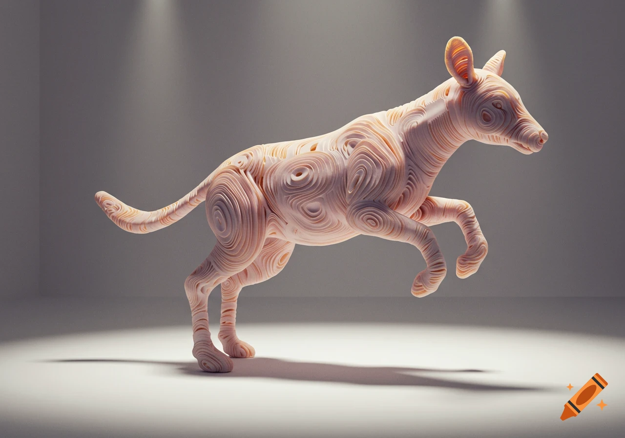 Stylized paper quilling sculpture of a dog-like animal leaping, illuminated by spotlights on a grey background.