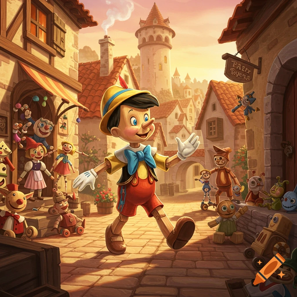 Pinocchio walks through a charming fairytale village filled with various wooden toys, rendered in a colorful illustration style.