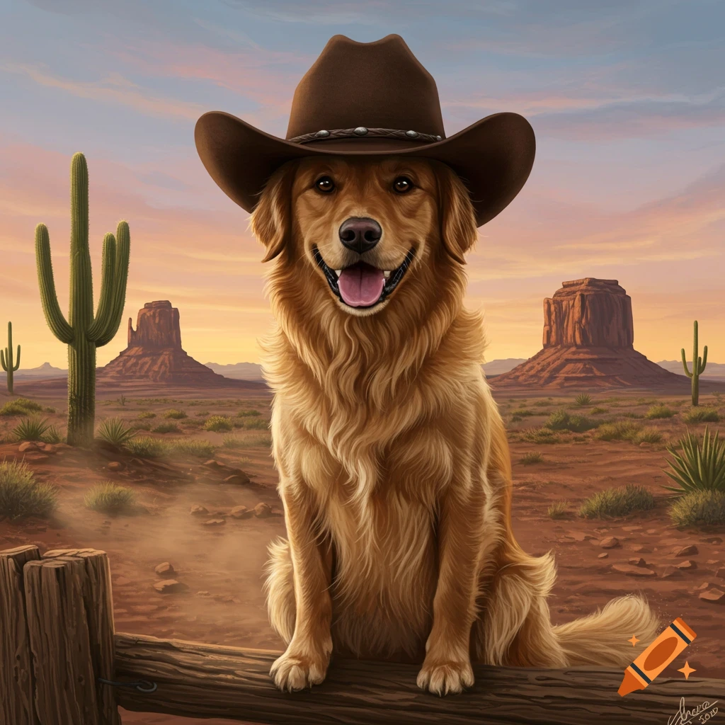 A photorealistic golden retriever in a cowboy hat sits on a fence in a desert with saguaro cacti and mesas at sunset.