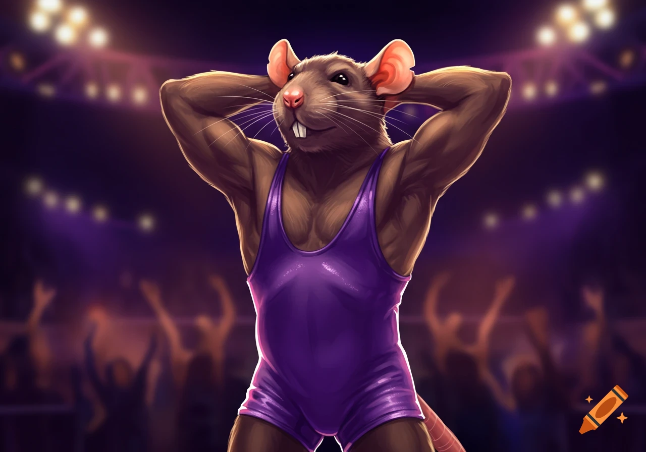 A muscular, handsome rat in a purple wrestling singlet poses with hands behind its head in a spotlighted arena. Digital illustration.